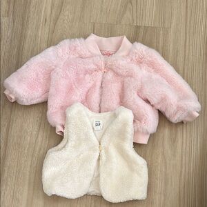 Pink Faux Fur Jacket and Cream Vest Set
